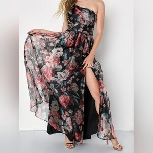 LULU'S BLACK FLORAL PRINT ORGANZA MAXI GOWN DRESS SIZE MEDIUM